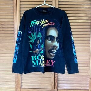 Bob Marley Rock Chang HD Graphic Long Sleeve Shirt Free Your Mind Black M